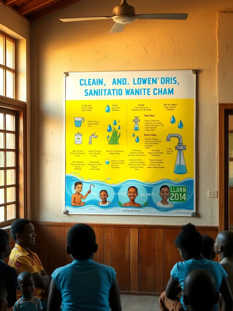 A public health awareness campaign poster promoting clean water and sanitation practices, displayed in a community center.