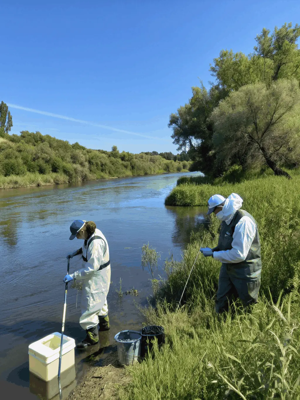 A photo of ASSOCIATION SAINT JUST AVENIR ET ENVIRONNEMENT members conducting water quality testing in a local river, emphasizing their efforts to monitor and protect water resources.