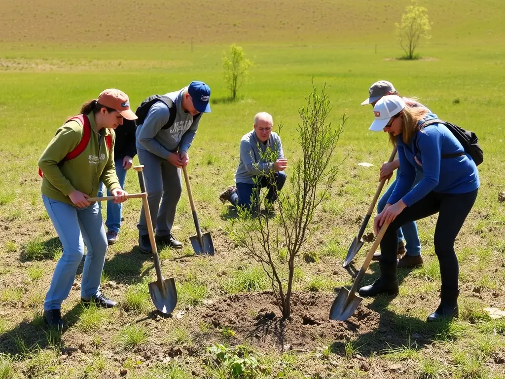 A photograph of volunteers planting trees in a deforested area near Saint-Just, illustrating the association's reforestation efforts and commitment to restoring natural habitats.