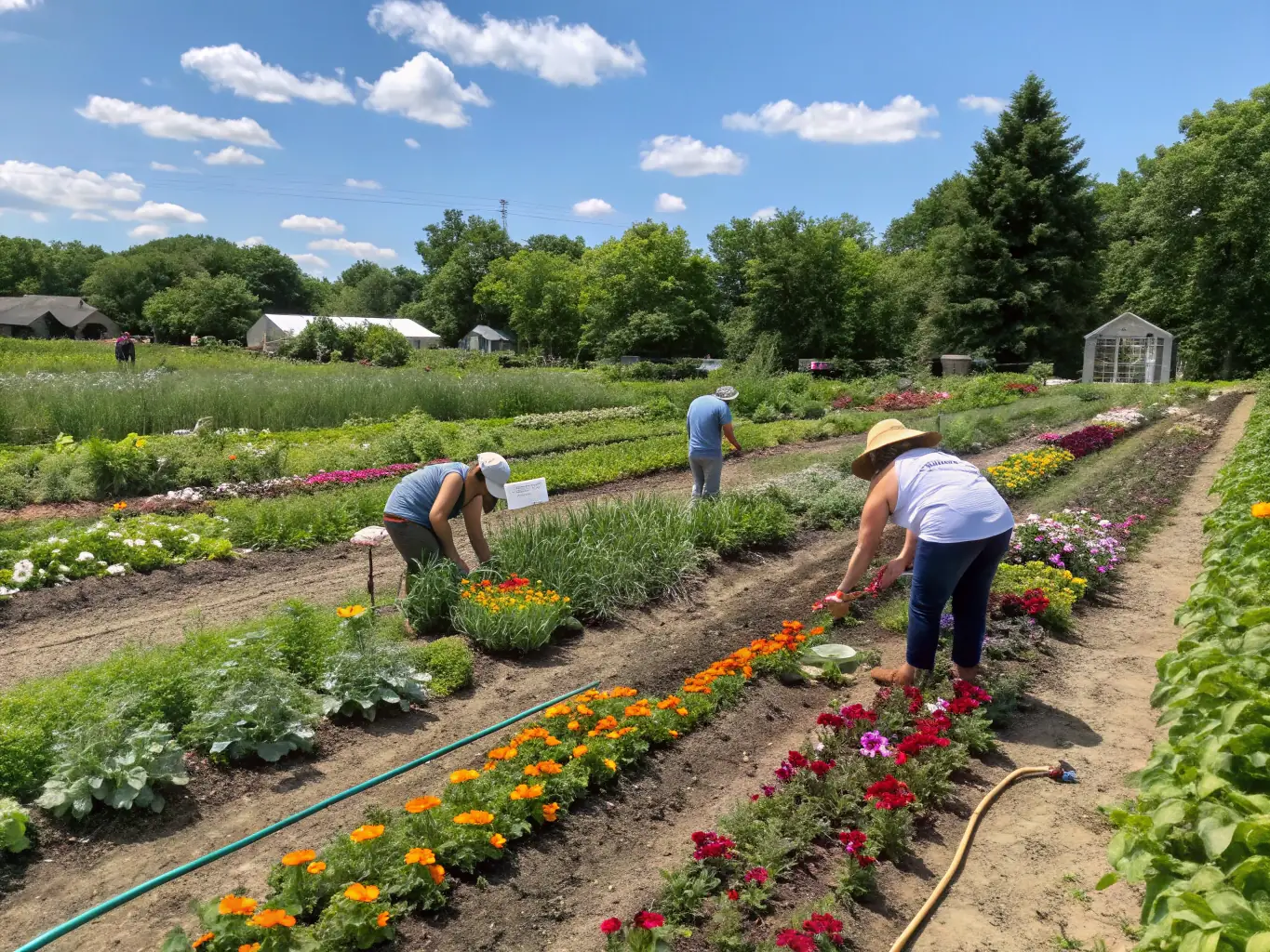 A vibrant image of a community garden in Saint-Just, filled with diverse vegetables and flowers, highlighting the association's promotion of sustainable agriculture and local food production.