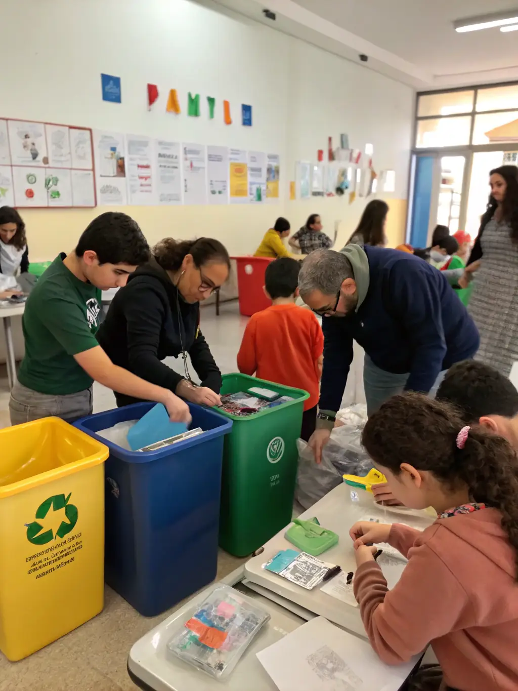 A community workshop on waste reduction and recycling, showing participants learning about sustainable practices and reducing their environmental footprint.