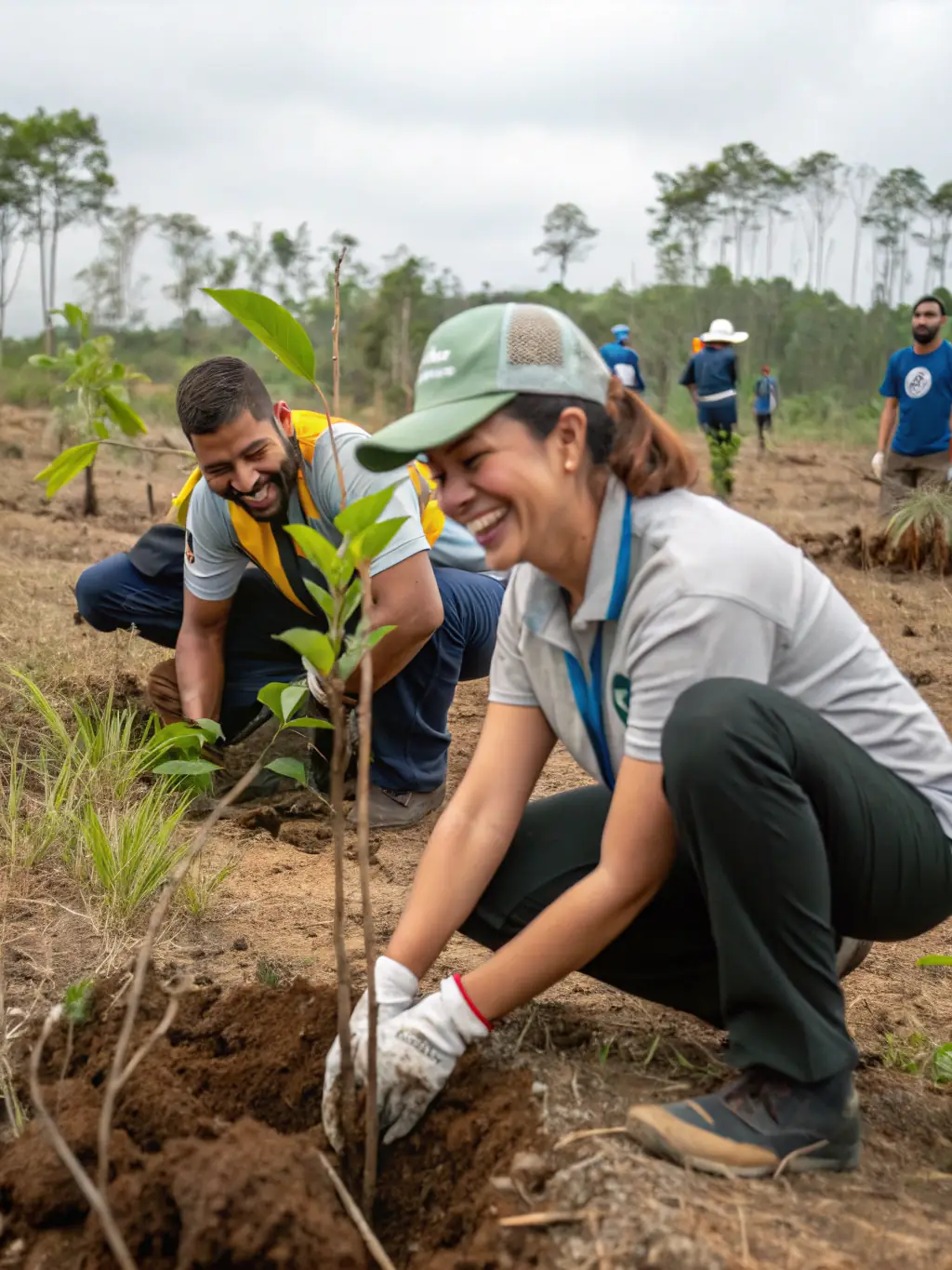 A group of volunteers planting trees in a deforested area, symbolizing the association's commitment to reforestation and environmental restoration.
