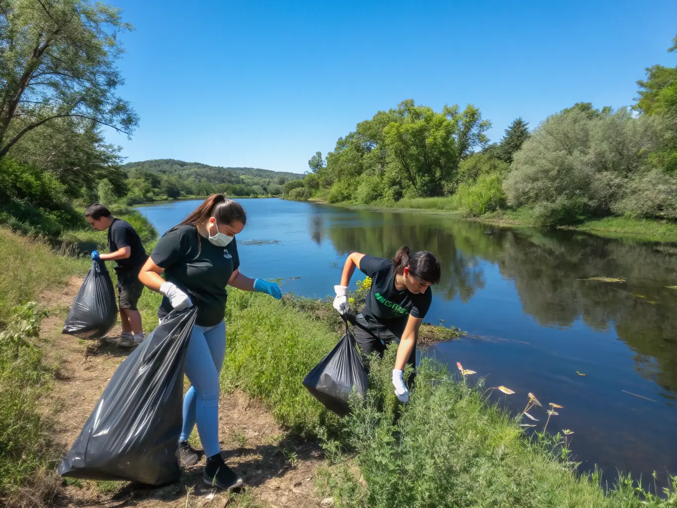 A photograph depicting volunteers cleaning up a polluted riverbank in Saint-Just, showcasing the association's hands-on approach to environmental restoration.