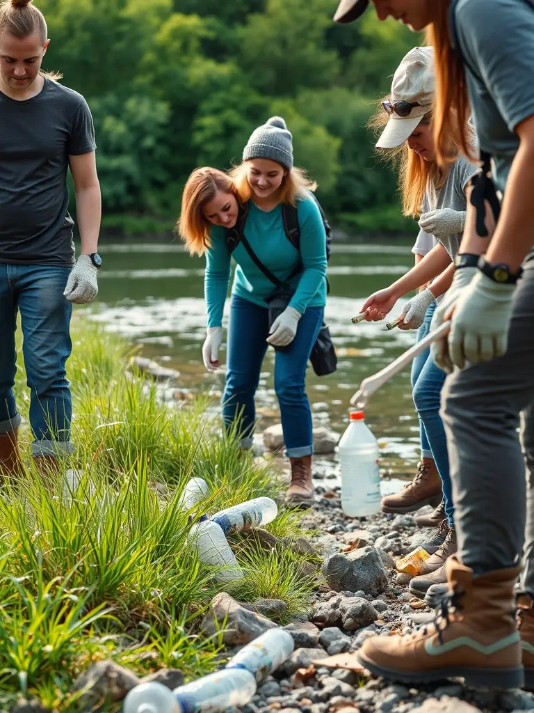 A picture of a group of people cleaning up litter along a riverbank, illustrating the association's commitment to pollution prevention.