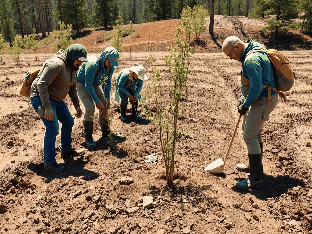 A photograph of the association planting trees in a deforested area of Saint-Just, illustrating their commitment to reforestation and habitat restoration.