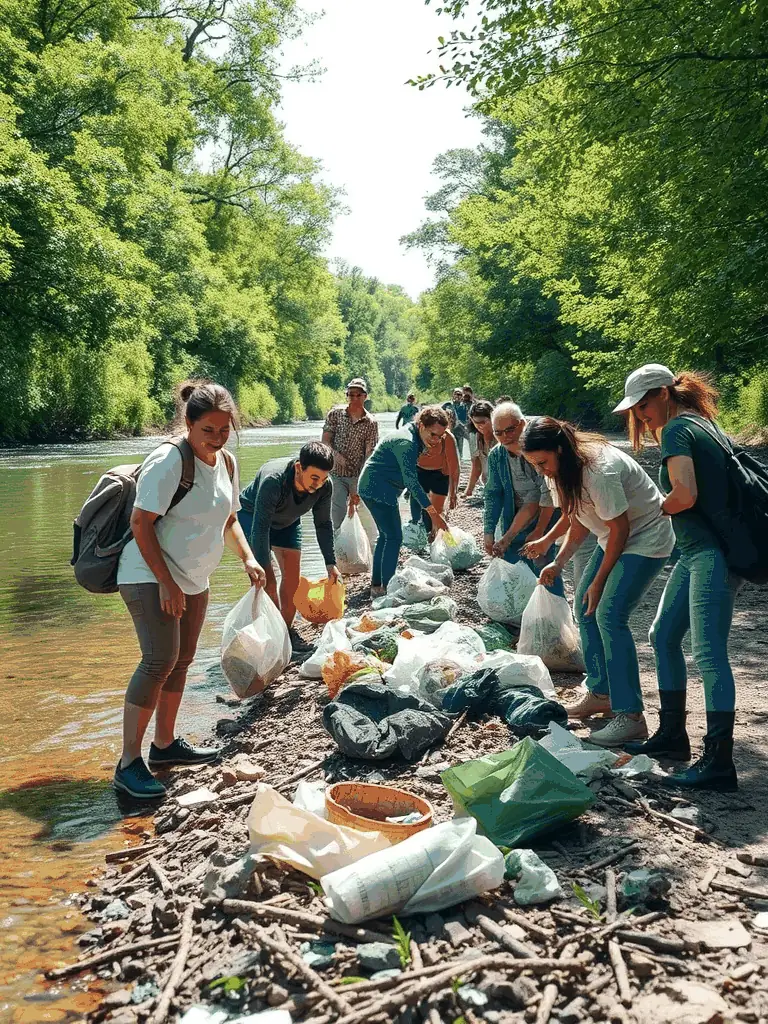 A photo of volunteers cleaning up a local riverbank, removing trash and debris to restore the natural habitat and improve water quality.