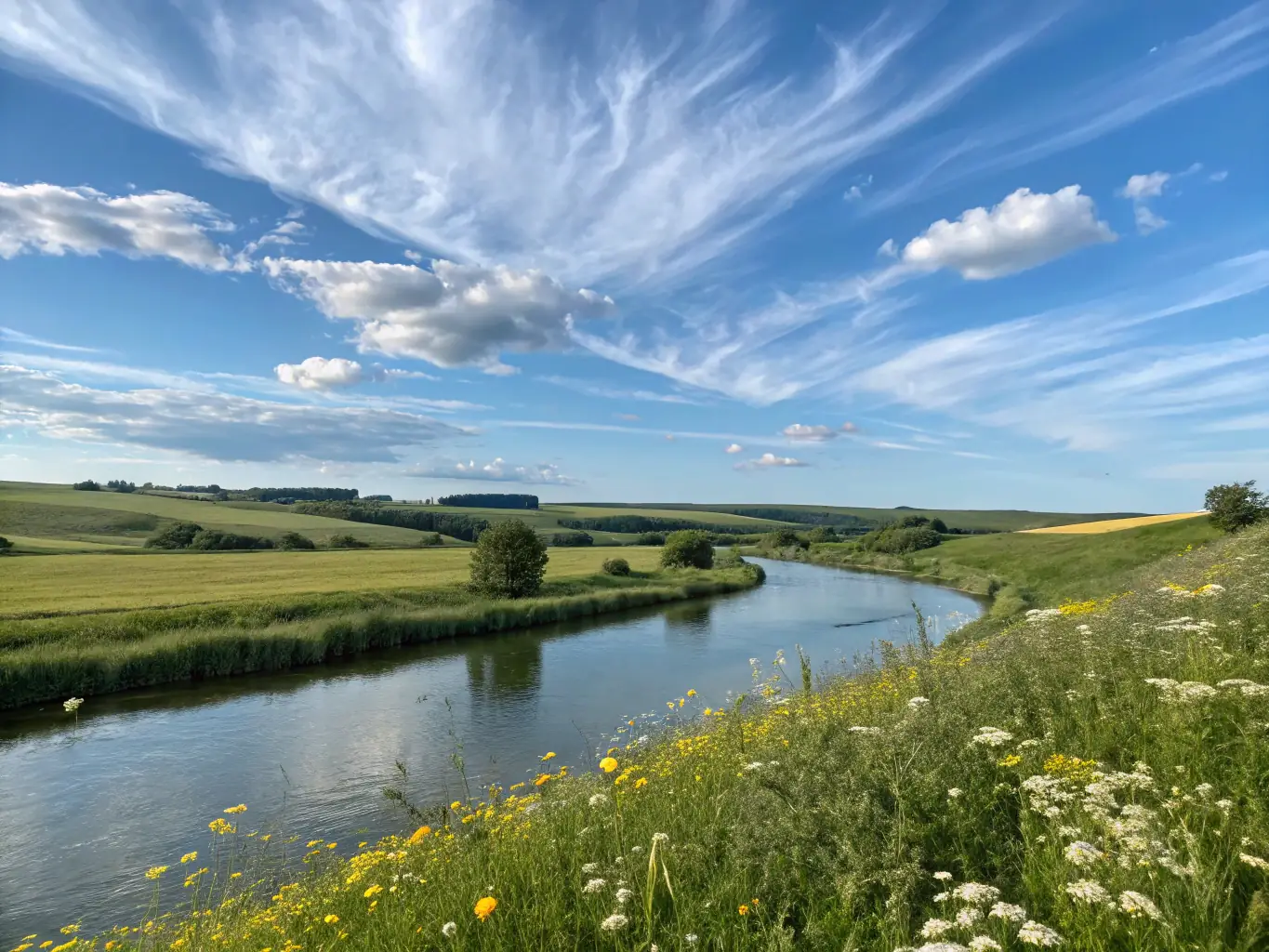 A lush, green riverbank scene in Saint-Just, showcasing the diverse plant life and clear water, symbolizing the association's commitment to preserving local aquatic ecosystems.